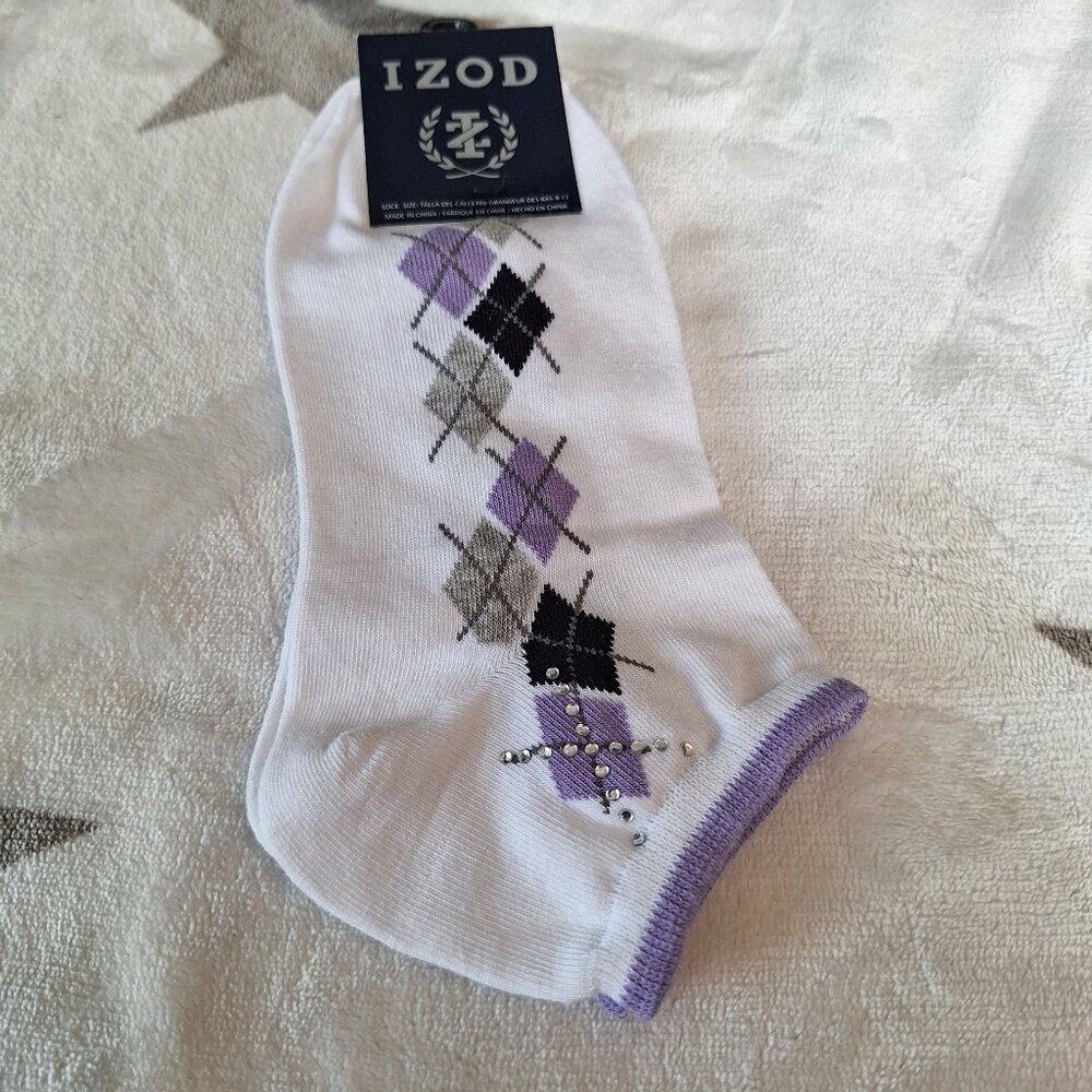Izod Ankle Socks Women’s One Size Purple Argyle Low Cut Heel Hugger